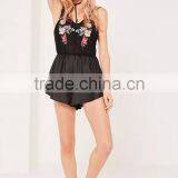 2017 Sexy Black Satin Pyjama Set Embroidered Custom Logo Harness Sweet Floral Teddy With Elasticated Waist thumbnail-4