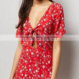 RED Self Bow V-neck Women Printed Short Sleeve Dress thumbnail-6
