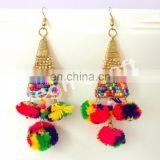 Pom Pom Earrings - Lantern Dangle Bohemian Boho Pom Pom Earrings - Gypsy Wood Pom Pom Earrings thumbnail-1