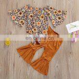 2Pcs Infant Baby Girl Fashion Outfits Toddler Lace-up Flare Sleeve Boat Neck Sunflower Pullover Solid Color Flared Trousers thumbnail-3