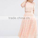 Pink Lace Crop Top and Puff Skirt Wedding Dress Girl's Short Sleeve Prom Two Piece Set thumbnail-2