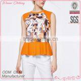 Promotional Top Quality Knitted Wear Popular Printed Ruffle Hem Model Women's Simple Blouse With Sleevless thumbnail-1