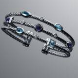 925 Sterling Silver DY Inspired Three Row Blue Topaz Confetti Cable Cuff Bracelet