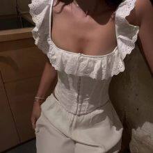 Female French-style Hot Girl Girlie Girl With Sweet and Fresh Style, Strapless, Form-fitting, Lace-edged, Frilled Blouse thumbnail-3
