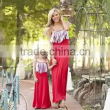 The newest summer maxi dress women and children maxi dress matching mother daughter fringe red dress sexy and new style