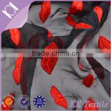 100% Polyester organza printed fabric with red satin lips embroidery