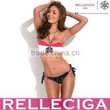 Wholesale Swimwear! RELLECIGA Stripe Pattern Push-Up Bandeau Top Sexi Hot Girl Bikini Model with Braid-Design Ties