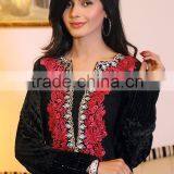 Fashion Designer Winter Front Neck Embroidery Designs For Long Kurtis With Velvet Sleeves Pakistani Style HSD7739 thumbnail-6