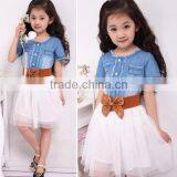 Baby Girl's Kids Children Fashion Princess Denim And Tulle Stitching Bow Dress Skirt With Belt 3-8Y SV001489 thumbnail-3