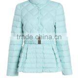 Womens Light Blue Slim Fit Button-up Down Jacket With Adjustable Elastic Belt thumbnail-2