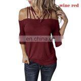 European and American Women's Clothing Autumn New Wish Explosion Style Word Shoulder Strap Flared Sleeve T-shirt Female thumbnail-1