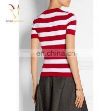 Ladies Red and White Striped Short Sleeve Pure Cashmere Sweater thumbnail-2