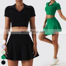 Wholesale Quick Dry Sports Clothing Tennis Dress Short T Shirt 2 Piece Suit Fitness Golf Wear Yoga Sets Women Tennis Skirt Set thumbnail-2