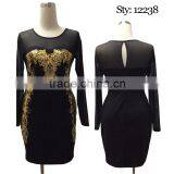 OEM Exquisite Gold Printed Long Sleeve Black Bodycon Day to Night Prom Dresses thumbnail-1