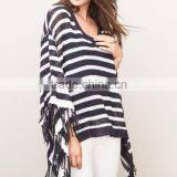 15SHT3116 Linen Stripe V Neck Poncho