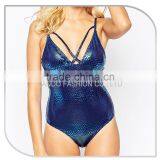 Metallic Foil Snake Print Lattice Women Bodysuit thumbnail-4