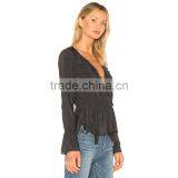Frilled Wrap Design Chic Long Sleeve Black Peplum Blouse for Women thumbnail-2