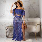 Summer Crochet Dress Beach Wear 2 Piece Crop Top And Skirt Set For Women Long Sleeve Tassels Slash Neck Two Piece Knit Sets thumbnail-5