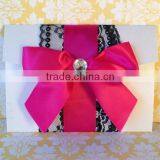 Black Lace With Hot Pink Ribbon Round Rhinestone Brooch Wedding Invitation Cards