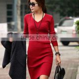 OEM ladies fashion long sleeve V-neck tight knitting woman pullover sweater dress