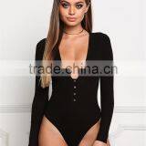 MGOO Foshan Manufacturer Custom Plunge Ribbed Bodysuits Black Cotton Spandex Blouse High Cut Buttons Up Tops thumbnail-2