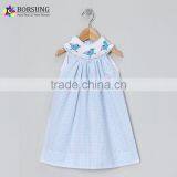 Children Cotton Frocks Designs Blue Plaid Periwinkle Bird Embroidered Baby Girls Birthday Party Dresses thumbnail-1