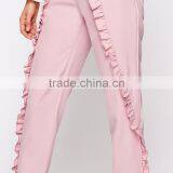 Frilled Women's Tailored Fitted Pants High Waist Pink Cropped Trousers thumbnail-6