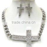 Crystal Pave Large Side Cross Pendant and Thick Chain Necklace Earring Set