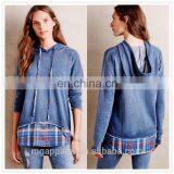 China Wholesale Women Clothes Layered Plaid Cotton Jersey Hoodie With Flannel Trim Manufacturers thumbnail-1