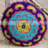 Embroidered 16x16 Suzani Round Cushion Cover Home Decorative Multi Pom Pom Pillowcase thumbnail-2