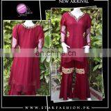 Pakistani/Indian Maroon eternity tailed frock with ghararah pants, stylish designs for lady.