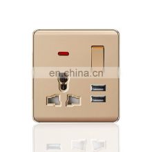 Universal 3 pin Wall Socket With Switch With USB Flame retardant PC Socket and Switch Electrical Metal Frame With LED light