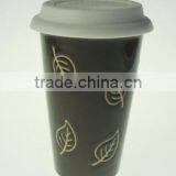 Leaf Design Hand Printing Double Wall Ceramic Mug With Silicon Lid thumbnail-1