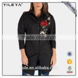 High Fashion Long Sleeve Black Women Cotton Shirt With Embroidery thumbnail-2