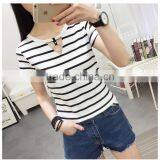 Girls Cheap Plain v Neck Stripe t Shirt With Ring Low Moq Wholesale Price thumbnail-2