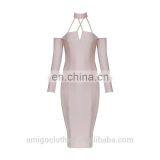 Amigo 2017 Fashion Beige Long Sleeve Halter Backless Crossover Bandage Dress Elegant Prom Dresses for Celebrity in Red Carpet thumbnail-2