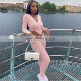 2020 Hot Sales Women Long Sleeve Hooded Clothing Set Ladies Sports Pleated Bodycon Clothing Sets thumbnail-2