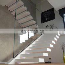 White Finish Wood Step Led Stairs With Tempered Glass Balustrade thumbnail-3