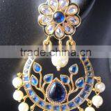 Gold Plated DANGLER BLUE WHITE PEARL CHAND BALI Earrings thumbnail-3