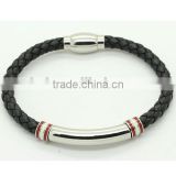 Hot sale black men's stainless steel and leather bracelet