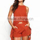 Cotton & Linen Fashionable High Low Crop Tops And Shorts Women Two Piece Sets thumbnail-2