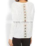 Decorative Lace Panel on Back White Blank Slub Long Sleeve Crewneck Sweater thumbnail-3