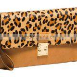 2013 fashionable faux leather leopard printing Envelope clutch bag with faux fur