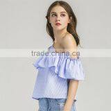 HOT Style Plaid Flouncing Short Sleeve, Women Sexy One-shoulder Blouse thumbnail-5