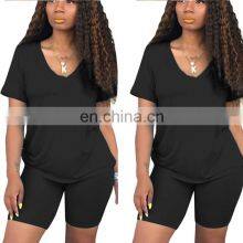 Clothing Manufacturers Custom Logo Women's Plus Size Summer V-neck Casual Sports T-shirt + Shorts Jogging Suit thumbnail-5