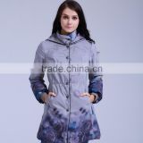 Women wrinkle free placement printing long body jacket with waist fastening