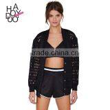 HAODUOYI Autumn Sexy Hollow Out Black Long Sleeve Button Down Mesh Bomber Jacket Casual Coat thumbnail-1