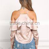 MGOO 2017 Latest Designs Women Satin Blouses Tops Plain Fashion Off Shoulder Crop Custom Ruffles Shirts thumbnail-6