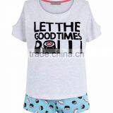Grey Let The Good Times Roll Custom Logo Women Pyjama Set Cold Shoulder Design T Shirt With Shorts Nightwear thumbnail-3