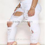 2016 Women Pants Ladies Casual White and Black With Waist-length Ripped Distressed Female Jeans thumbnail-2